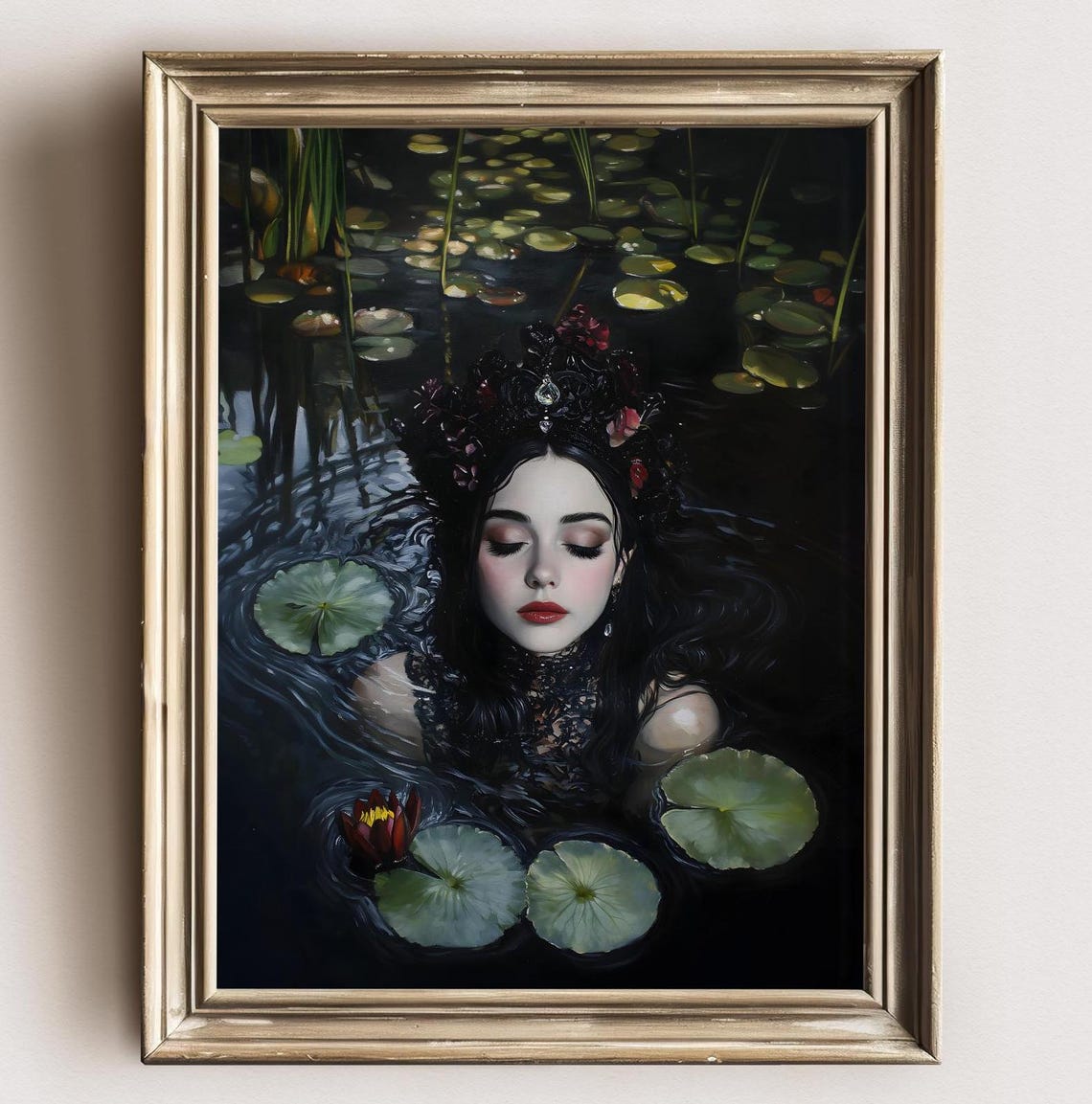 Ophelia Floating Water Lilies Dark Gothic Moody Lake Art Poster