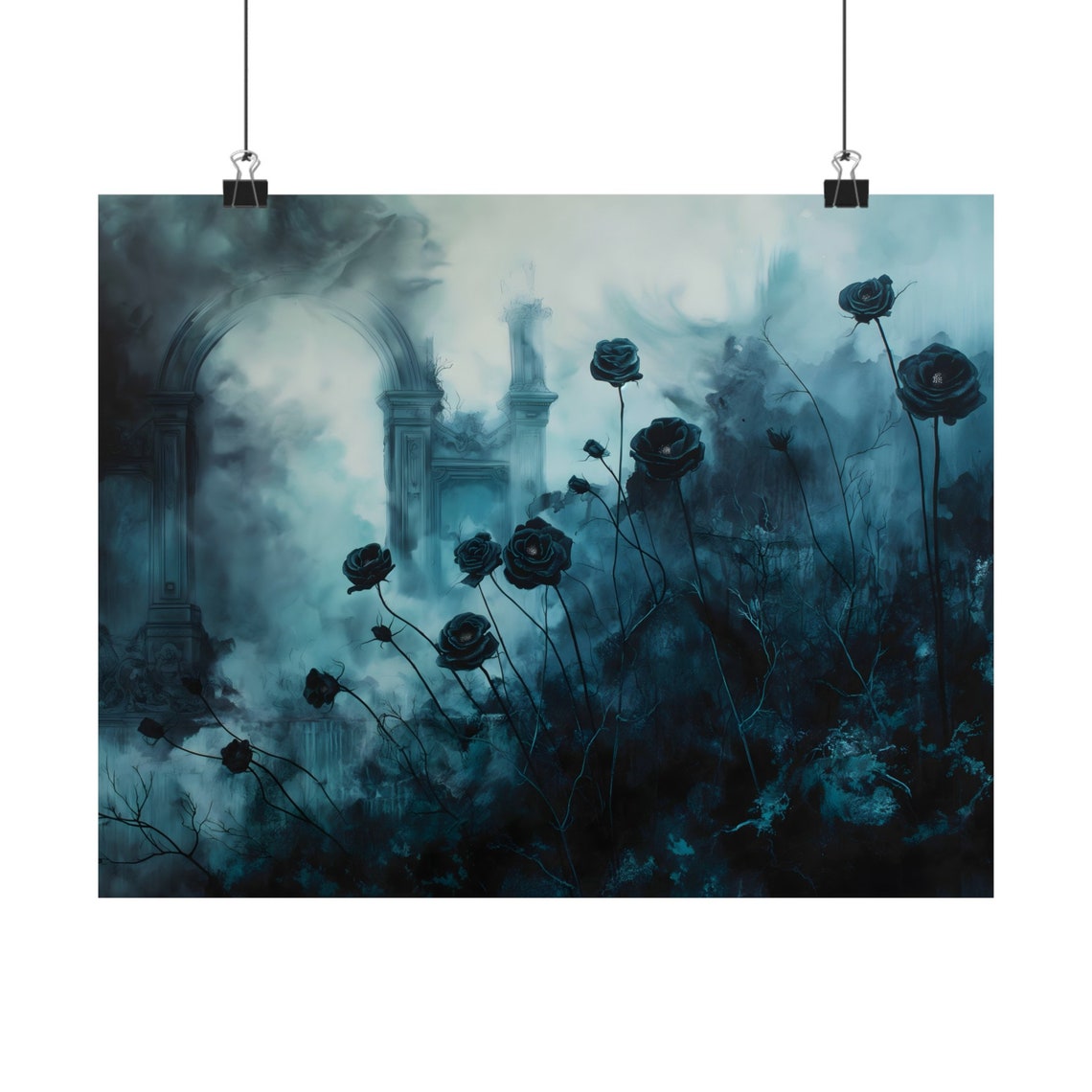 Black Roses Ruined Gothic Arches Fog Blue Watercolor Dark Art Print - Image 2