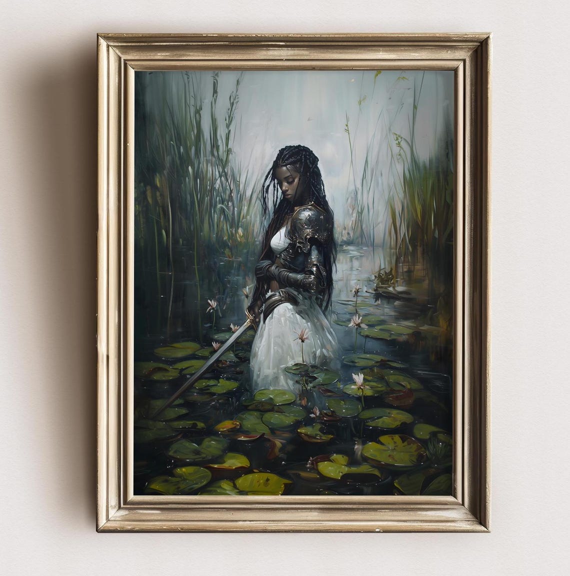 Armored Woman with Sword Standing in Lily Pond Fantasy Art Poster