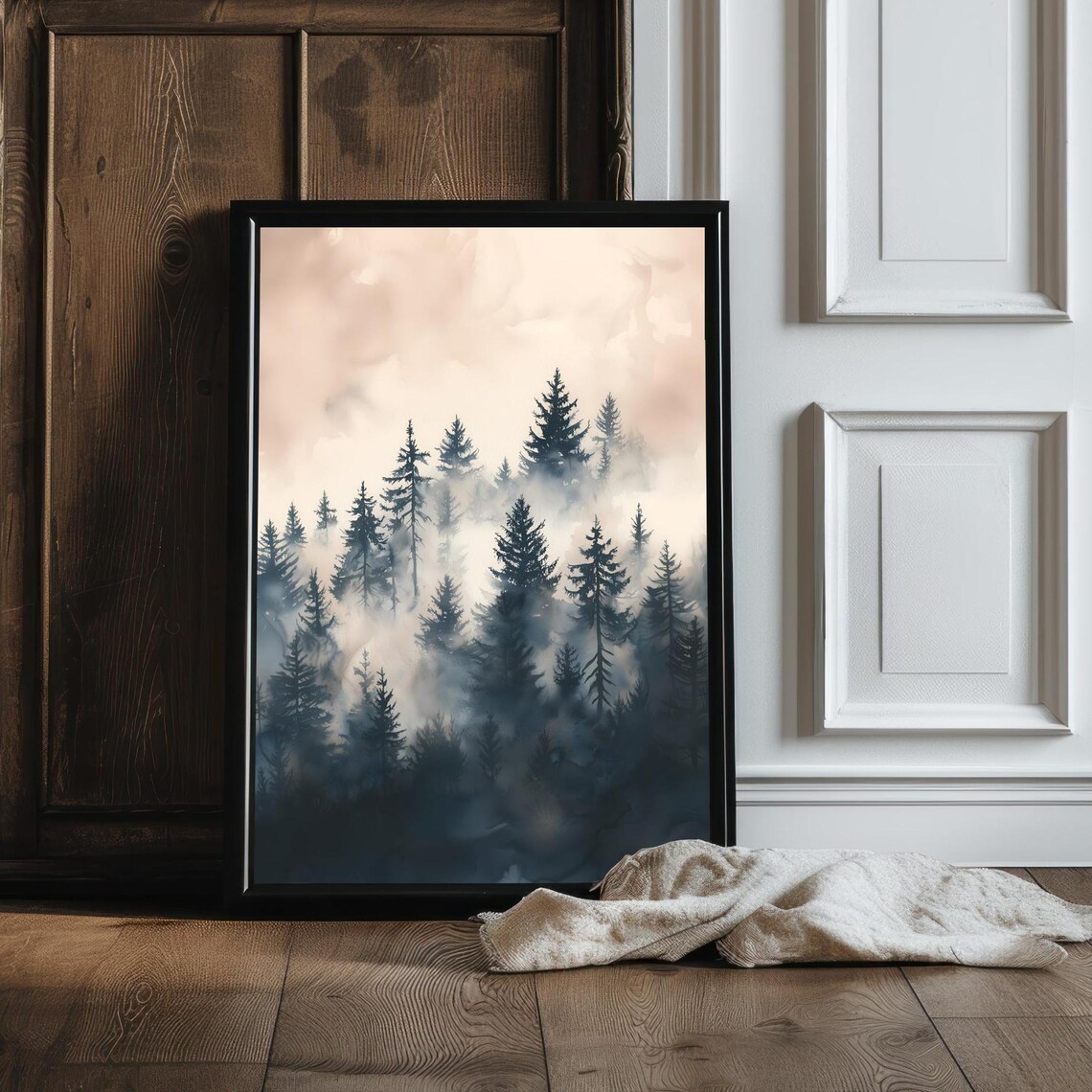 Pine Tree Forest, Vintage Foggy Winter Landscape Art Print - Image 2