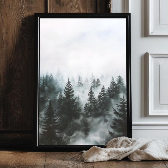Pine Tree Forest Print Moody Foggy Landscape Vintage Pine Tree Forest Winter Landscape Print Misty Forest Fall Rustic Cabin Wall Decor