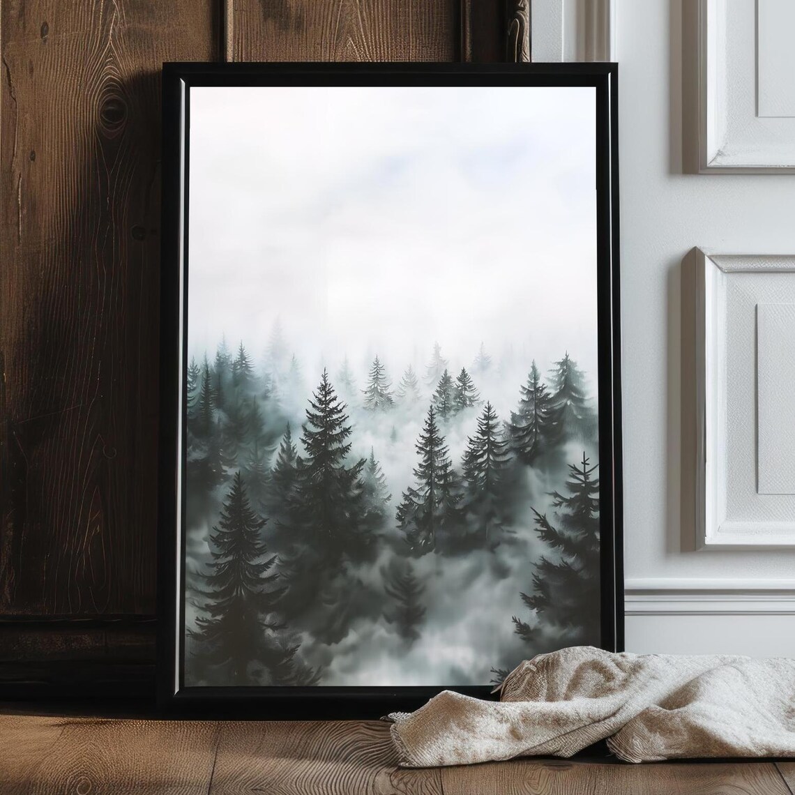 Monochrome Misty Pine Forest Black And White Foggy Woodland Art Print
