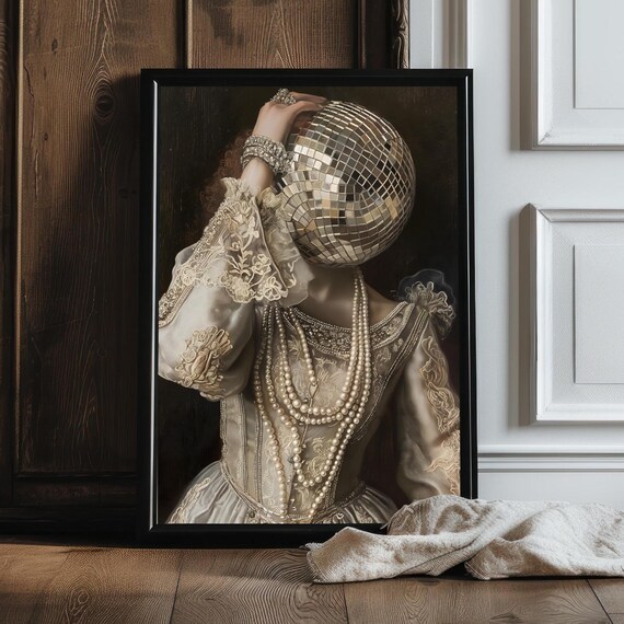 Victorian Art Decor Print Moody Painting Vintage Disco Ball Print Victorian Decor Wall Art Dark Moody Antique Art Print Lace Pearls
