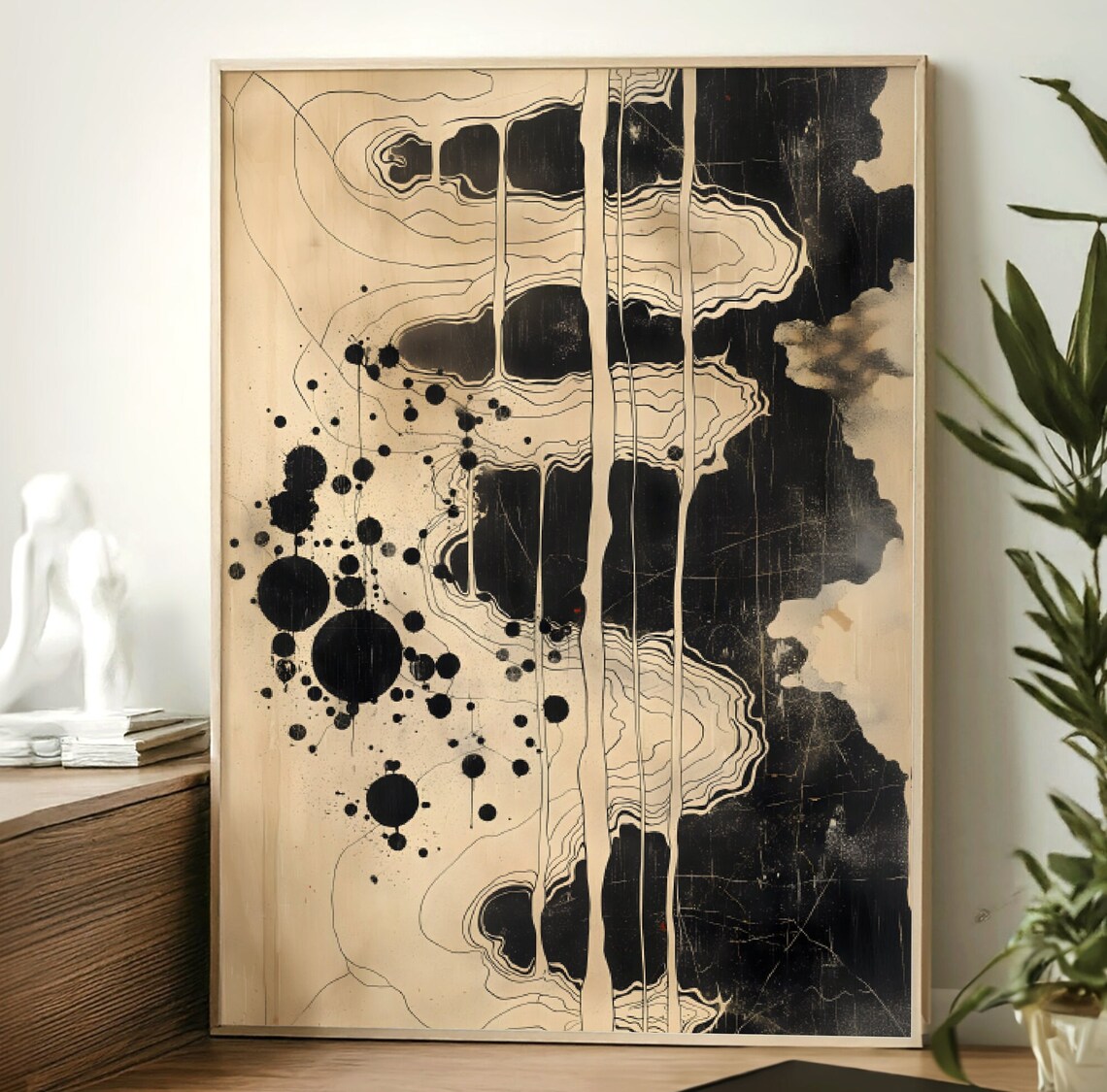 Neutral Abstract Ink Pattern, Botanical Japanese Minimalist