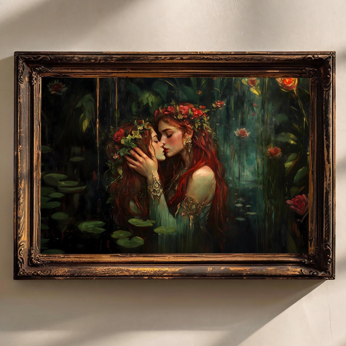Dark Academia Two Women Lily Pond Embrace Moody Romantic Gothic Art Print - Image 2