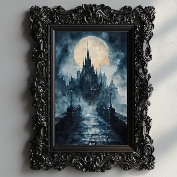 Gothic Cathedral Full Moon Misty Cobblestone Bridge Night Watercolor Poster