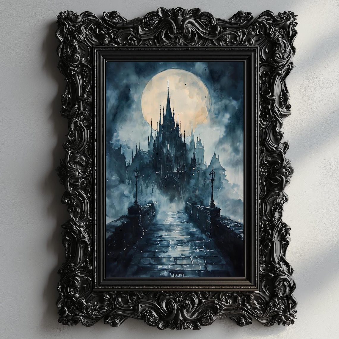 Gothic Cathedral Full Moon Misty Cobblestone Bridge Night Watercolor Poster