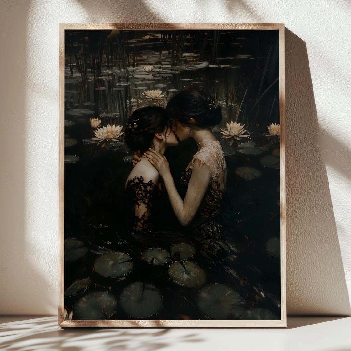 Moonlit Kiss In Dark Water Lily Pond Romantic Sapphic Art Print