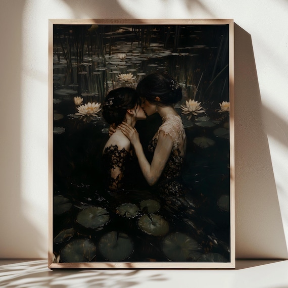 Moonlit Kiss In Dark Water Lily Pond Romantic Sapphic Art Print
