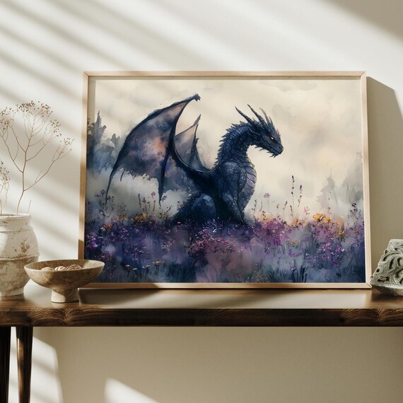 Dragon Watercolor Art Horizontal Poster Print Fantasy Art Forest And A Dragon Fantasy Painting Watercolor Illustration Dark Academia