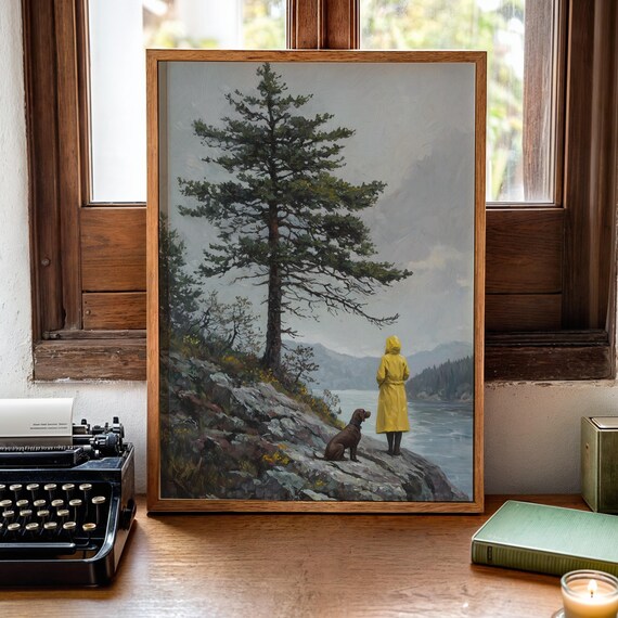Moody Coastal Chocolate Labrador Dog Print Vintage Pine Tree Print Rustic Decor Vintage Painting Wall Art Cottagecore Landscape Farmhouse