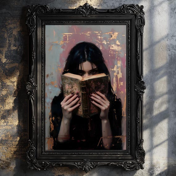 Victorian Woman Bookish Wall Art Print Dark Academia Reading Decor Librariancore Wall Art Moody Reading Nook Painting Book Lover Gift
