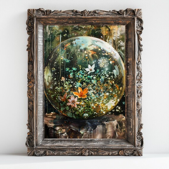 Victorian Crystal Ball Vintage Wall Art Dark Moody Decor Witchy Desk Decor Vintage Tarot Art Mystic Aesthetic Wildflowers Wall Art