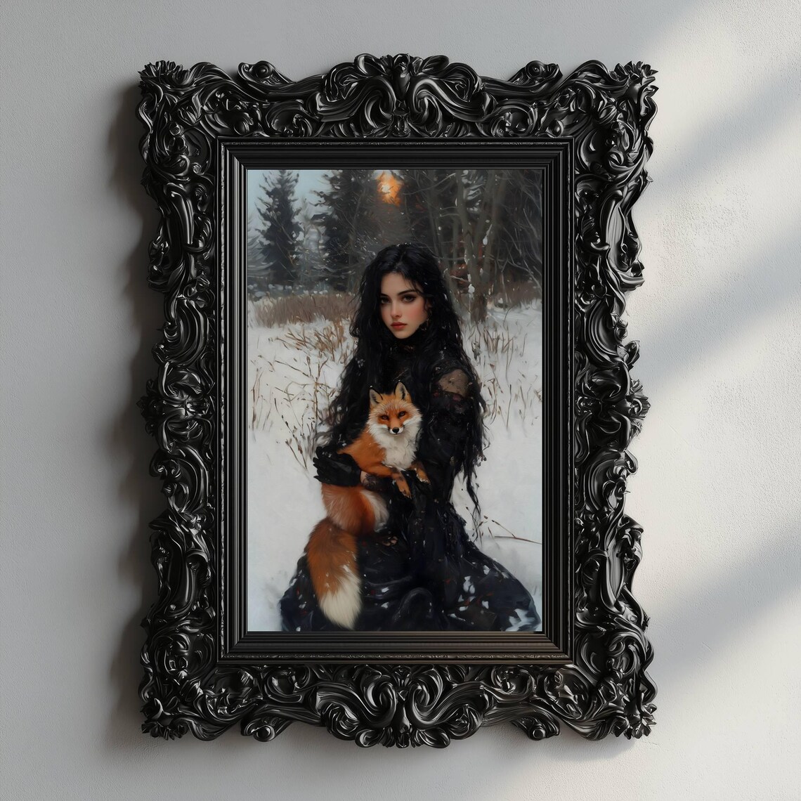 Victorian Woman Holding Red Fox In Snowy Winter Forest Gothic Art Poster - Image 2