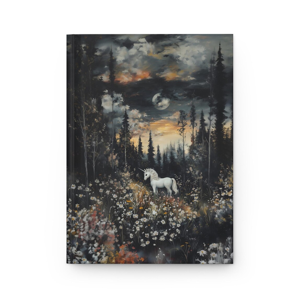 Unicorn Moonlit Dark Forest Wildflowers Fantasy Journal Cover Art Print - Image 3