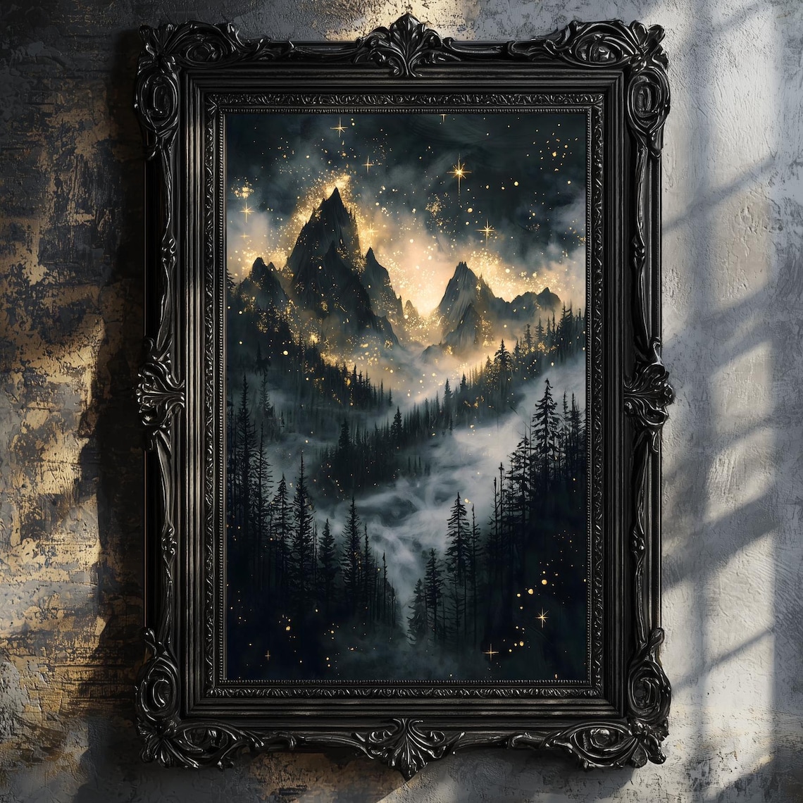 Moody Celestial Night Sky, Pine Forest Art Print