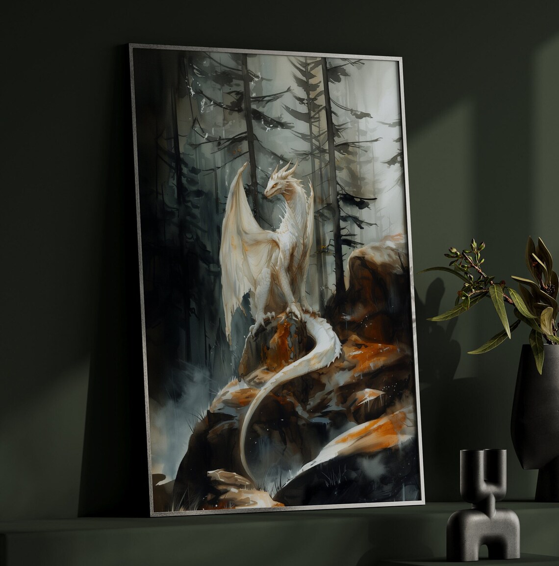 Forest White Dragon Watercolor, Dark Academia Art Print - Image 2