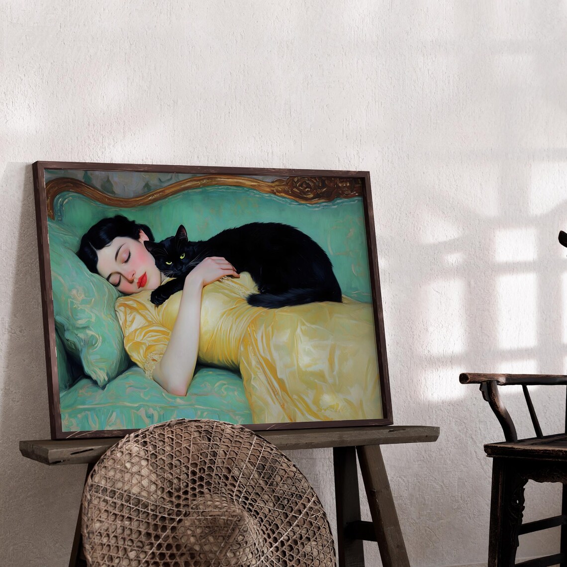 Cat and Woman Sleeping on a Couch, Victorian Print - Image 3