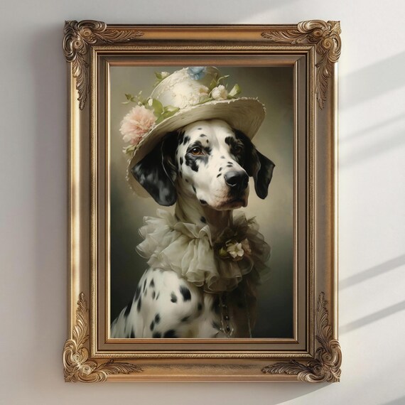 Victorian Dalmatian Dog Floral Bonnet Ruffled Collar Altered Art Poster