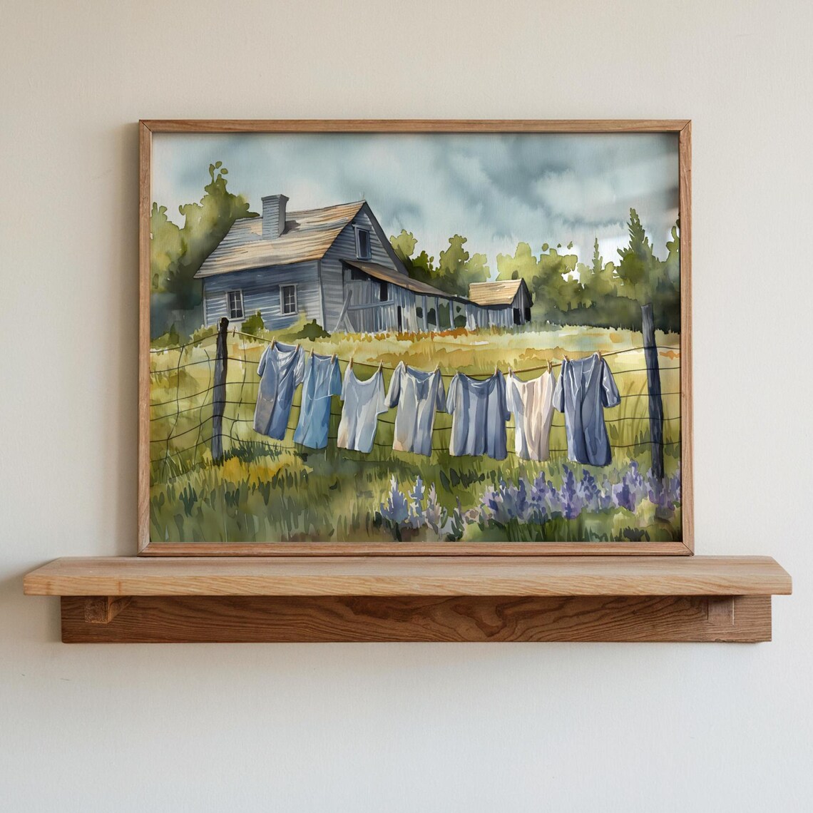 White Shirts Drying on Line at Blue Farmhouse Lavender Field Poster - Image 3