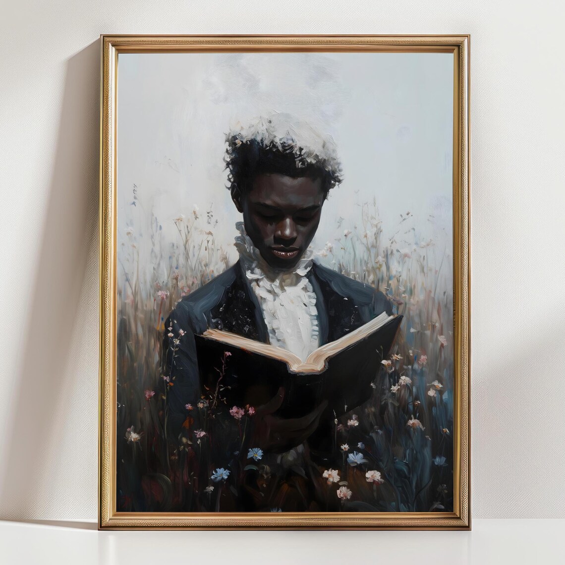 Young Gentleman Reading In Misty Wildflower Field Soft Victorian Art Poster