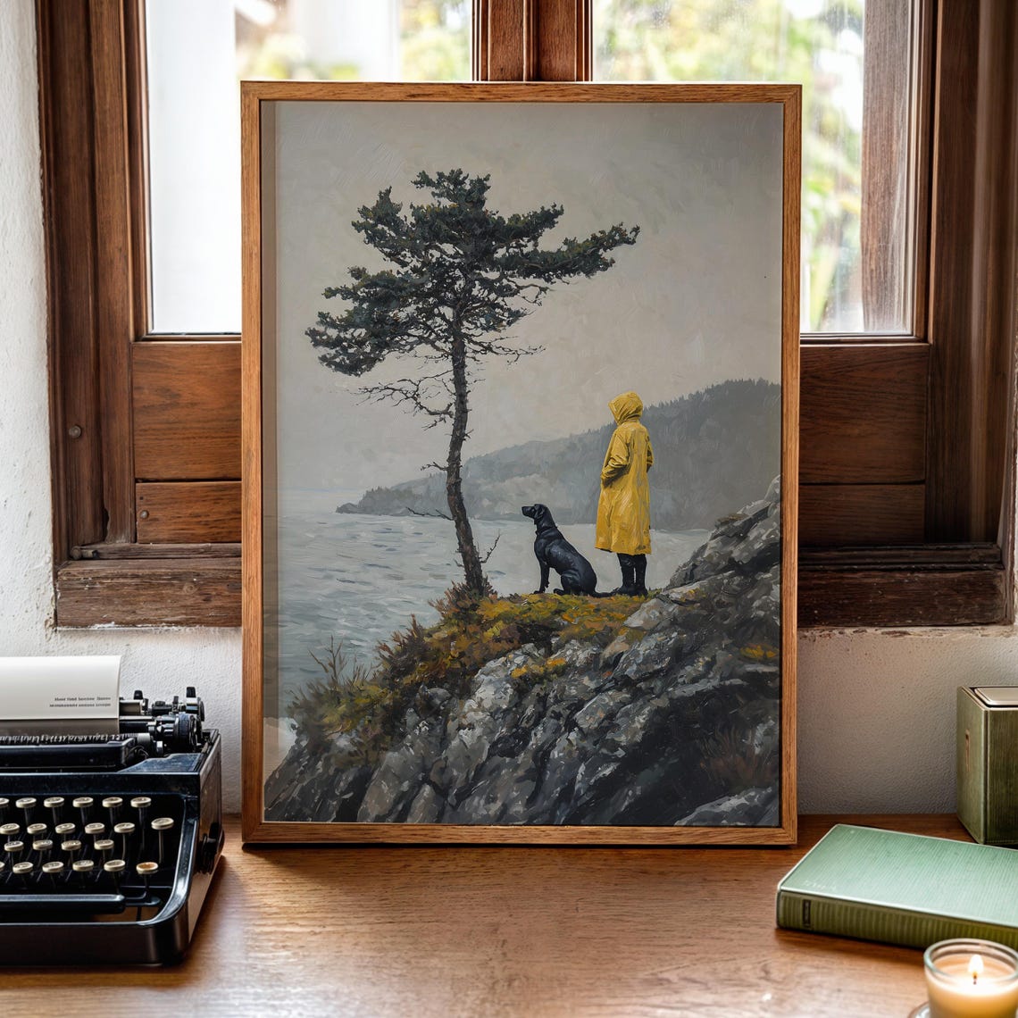 Black Labrador Yellow Raincoat Woman Moody Coastal Cliff Art Poster