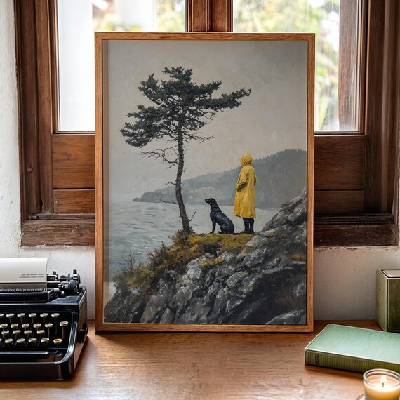 Moody Coastal Black Labrador Dog Print Vintage Pine Tree Print Rustic Decor Vintage Painting Wall Art Cottagecore Landscape Farmhouse