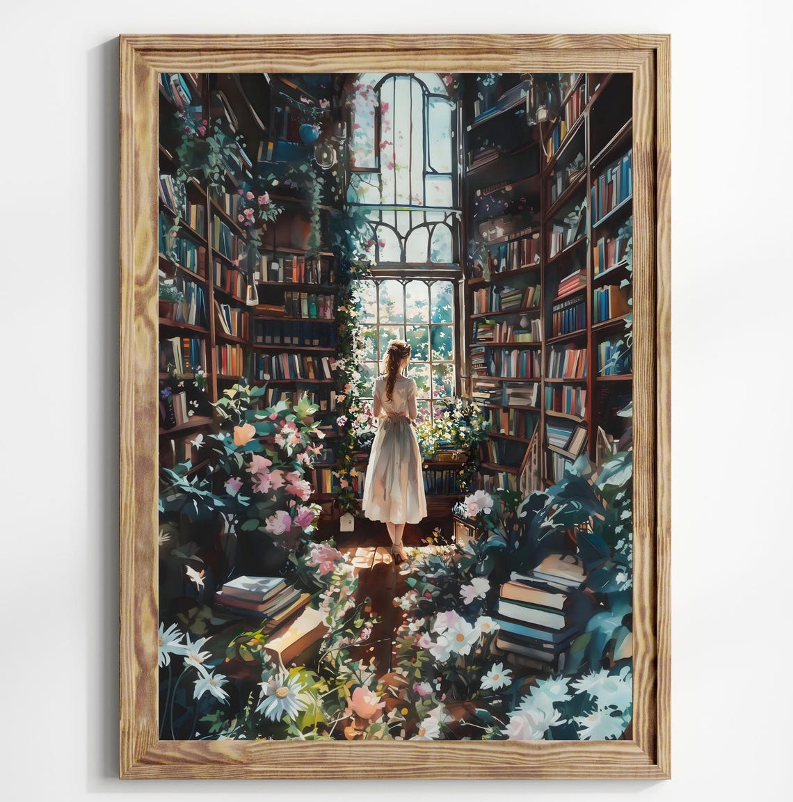 Woman White Gown Gothic Library Bookshelves Flowers Romance Art Poster