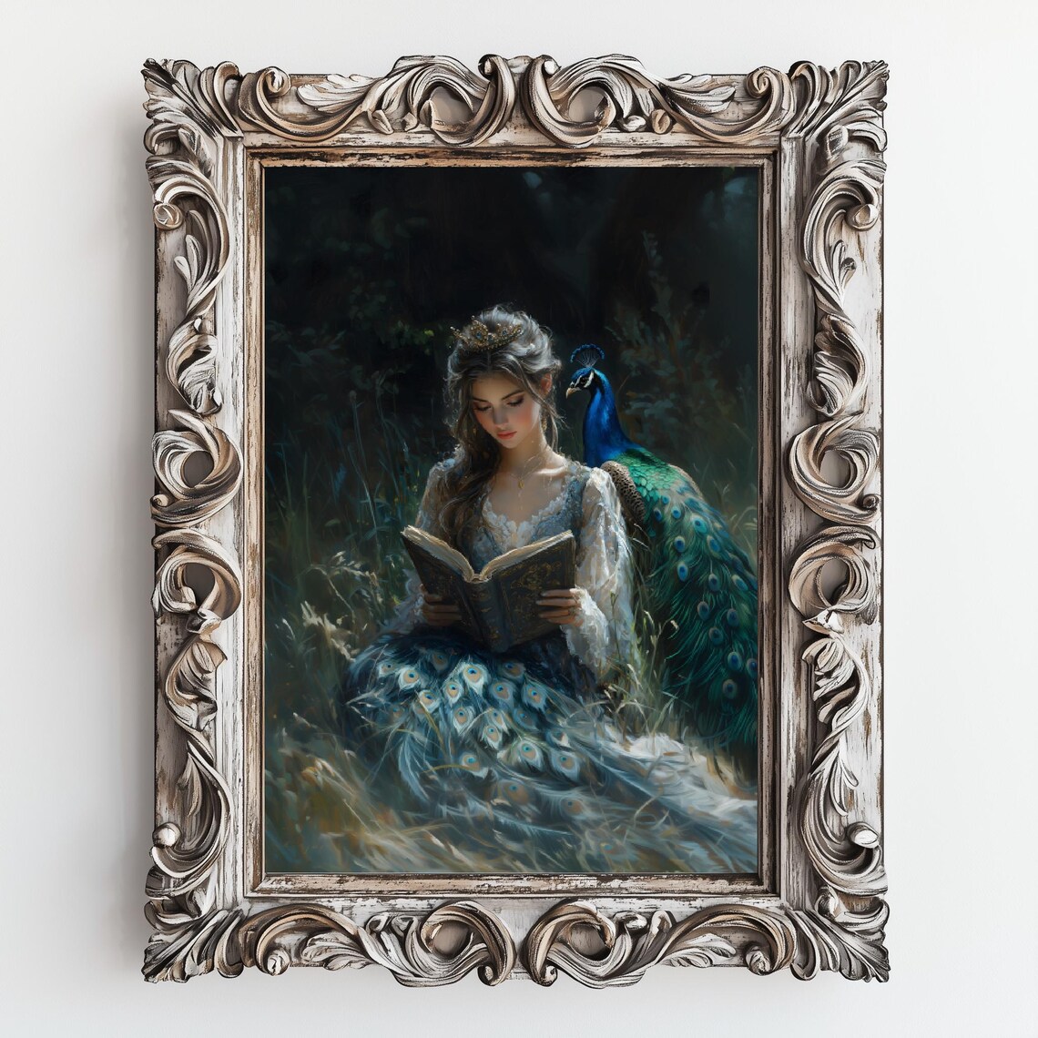 Woman Reading a Book With Peacock, Victorian Dark Academia Art Print - Image 2