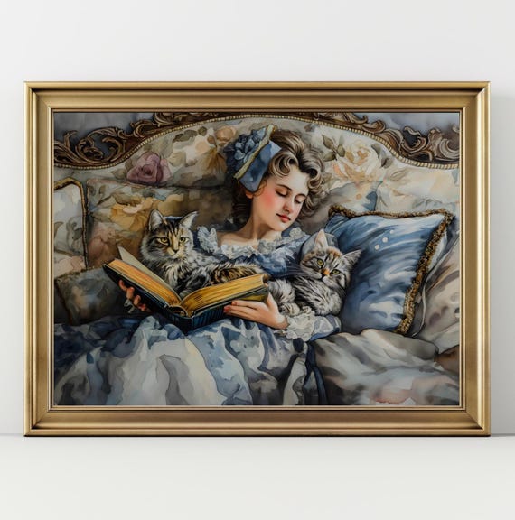 Bookish Victorian Art Print Woman Reading A Book With Cats Wildflowers Dark Academia Book Lovers Art Library Art Bookish Cat Lover