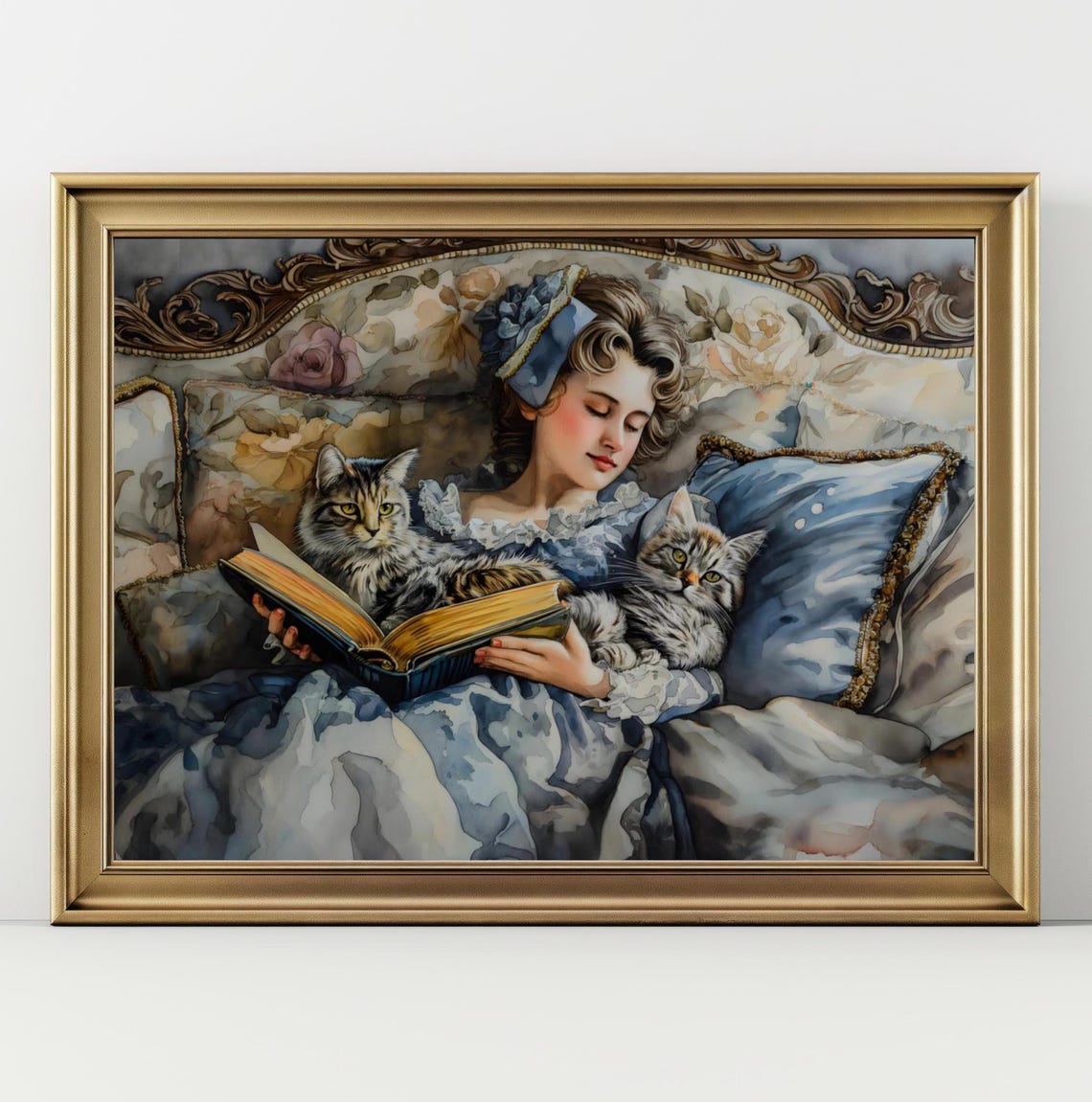 Victorian Woman Reading Sofa Two Cats Blue Watercolor Wall Art