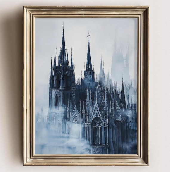 Twin Spire Gothic Cathedral Blue Fog Watercolor Dark Architecture Poster