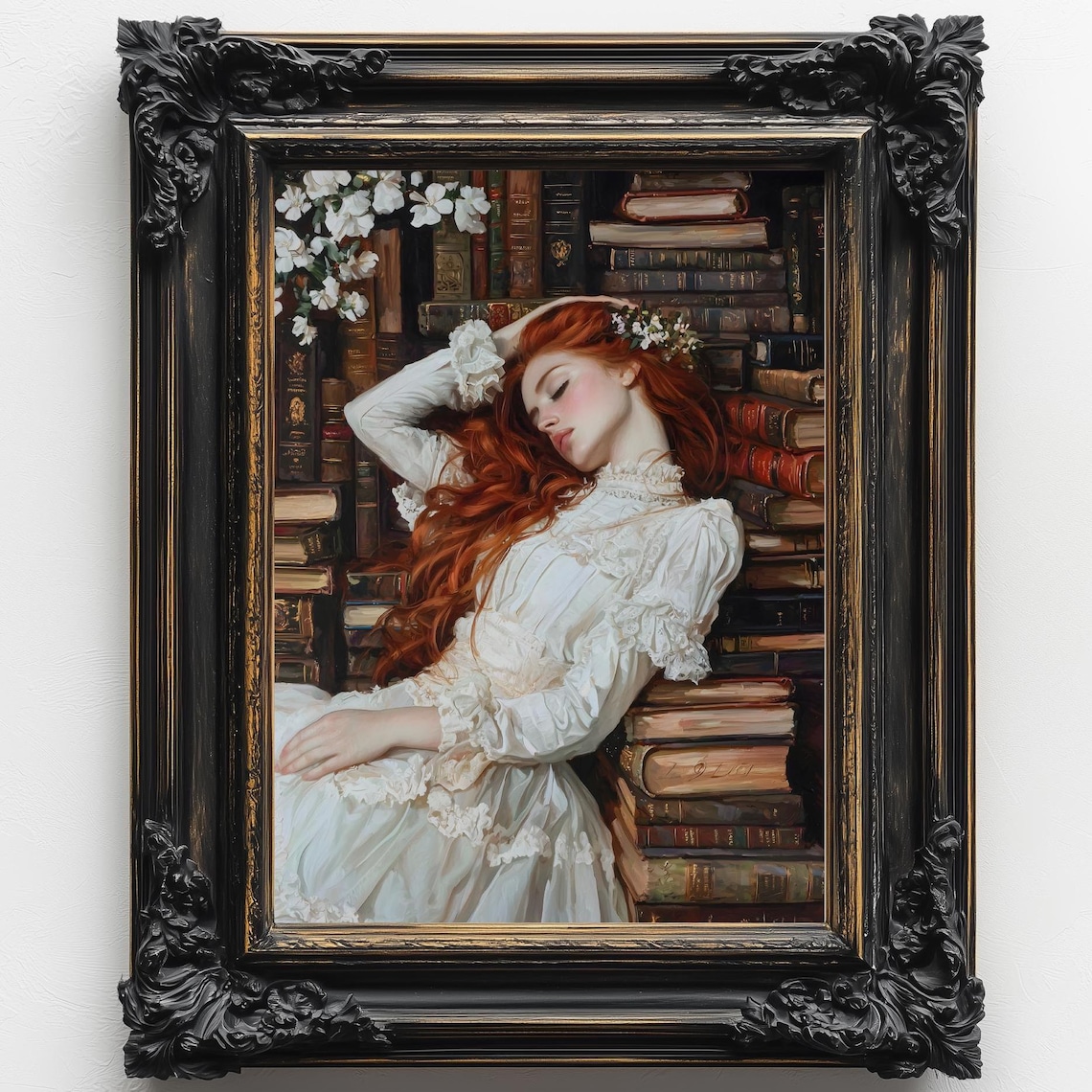 Red Haired Bookish Girl Sleeping Among Vintage Books Library Art Poster - Image 2