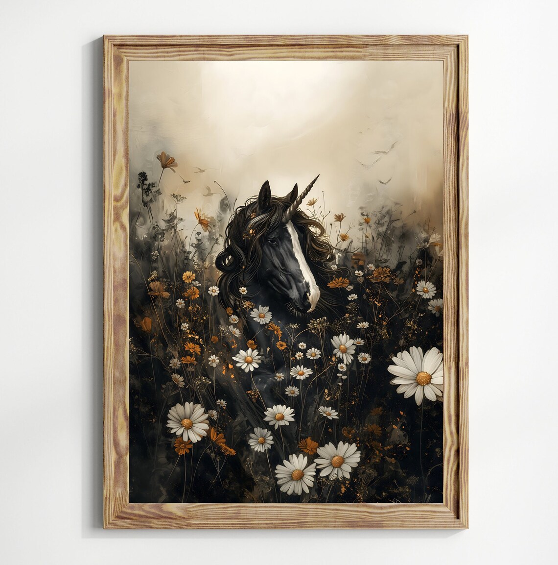 Black Unicorn In Wildflower Meadow Misty Dark Cottagecore Fantasy Art Poster - Image 2