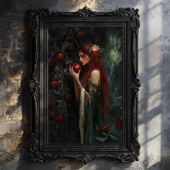 Persephone With Pomegranate Wall Art Dark Academia Print Moody Victorian Wall Art Cottagecore Greek Goddess Greek Mythology Art Floral