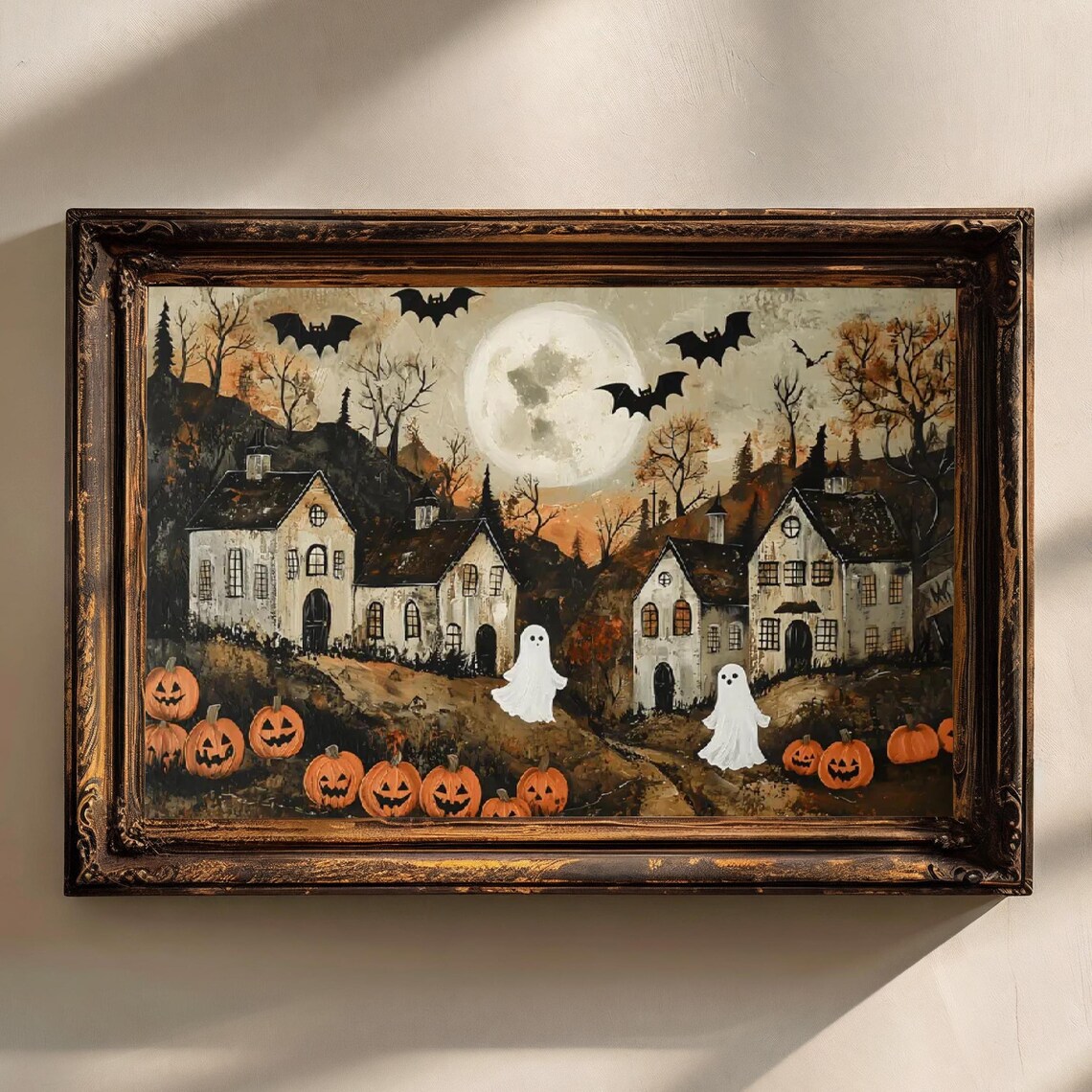 Halloween Town Folk Art Poster, Vintage Halloween Style