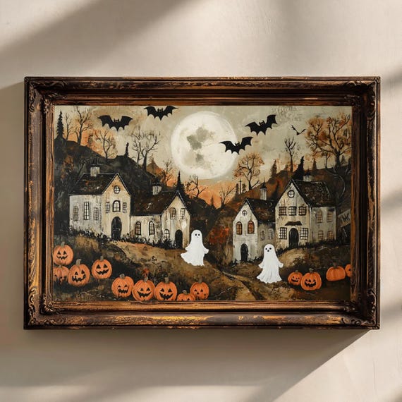 Halloween Town Folk Art Poster, Vintage Halloween Style