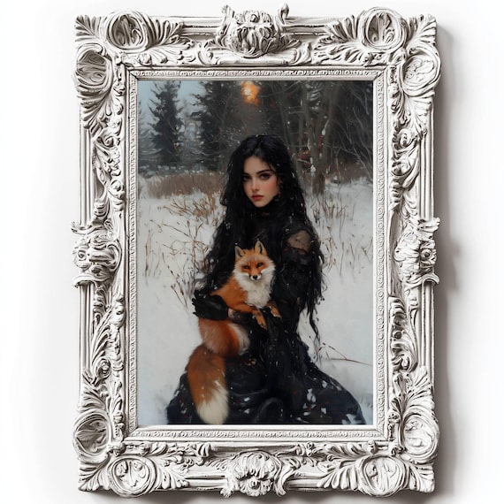 Victorian Woman Holding Red Fox In Snowy Winter Forest Gothic Art Poster