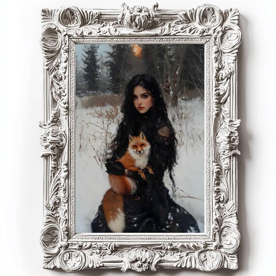 Victorian Woman With Fox Painting Snowy Forestcore Art Moody Fox Print Goblincore Nature Art Cottagecore Wall Art Goblincore Decor