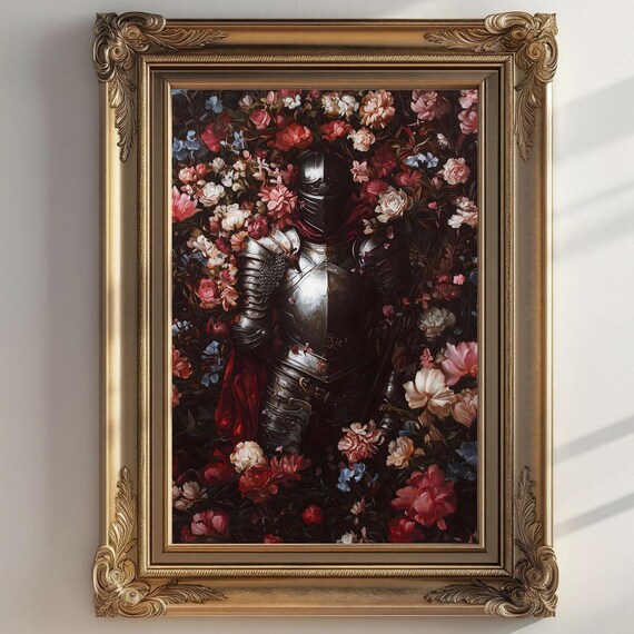 Medieval Knight Floral Art Print Knightcore Fantasy Art Fantasy Maximalist Decor Dark Academia Print Goth Moody Victorian Wall Art