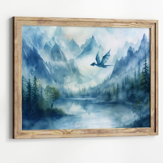 Forest Dragon Watercolor Art Horizontal Poster Print Fantasy Art Forest And A Dragon Fantasy Painting Watercolor Illustration Dark Academia