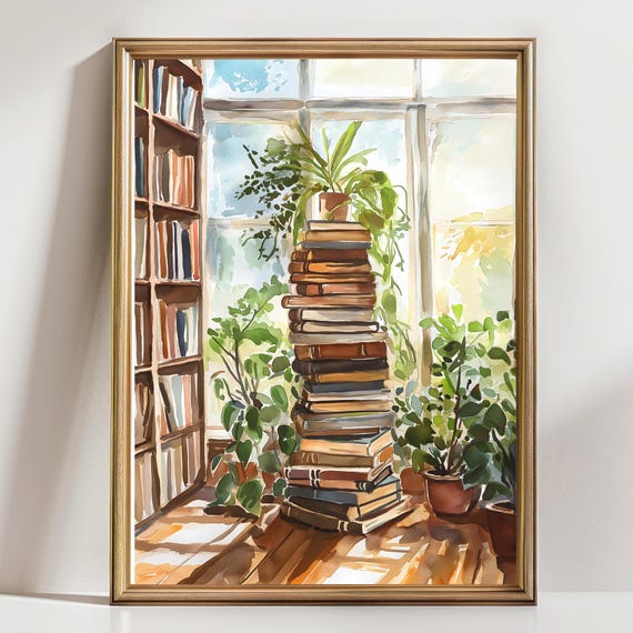 Books And Plants Library Art Print Greenhouse Library Reading Book Lovers Gift Aquarell Wall Art Book Lovers Art Gift Idea