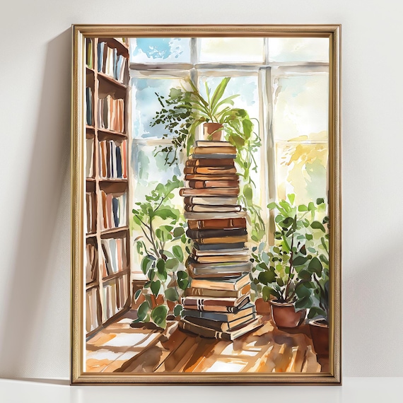 Stack Of Vintage Books By Sunny Window With Plants Watercolor Art Poster