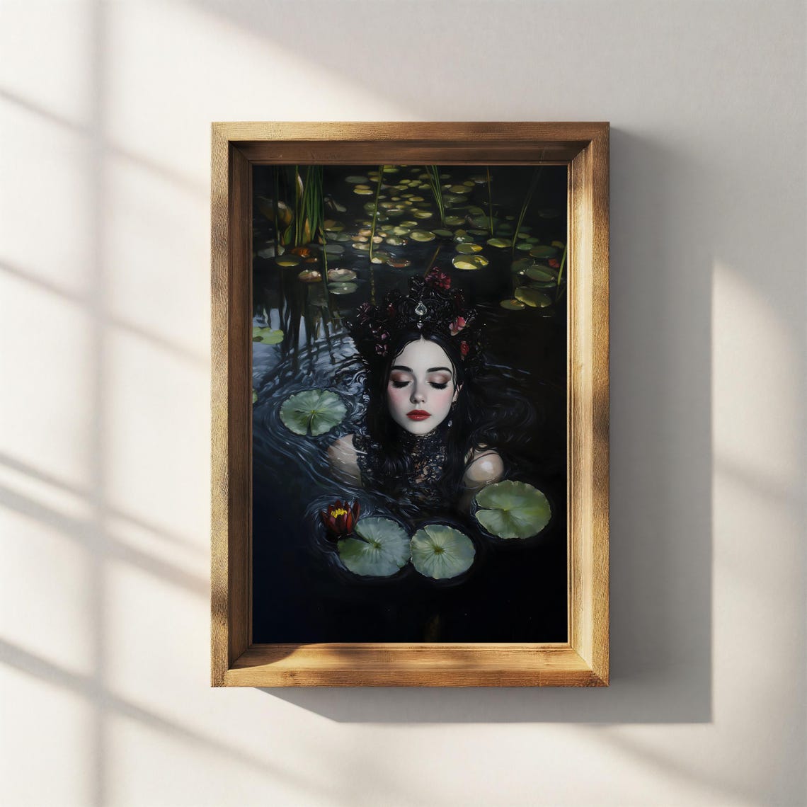 Ophelia Floating Water Lilies Dark Gothic Moody Lake Art Poster - Image 2