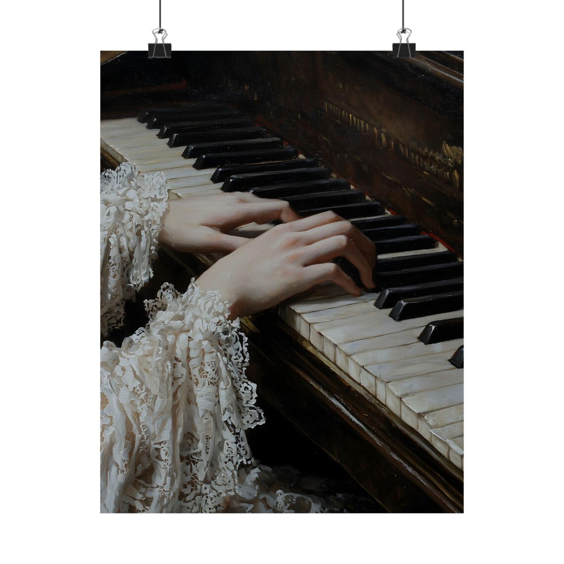 Woman Playing Piano Lace Sleeves Moody Classical Oil Painting Music Room Art Print - Image 2