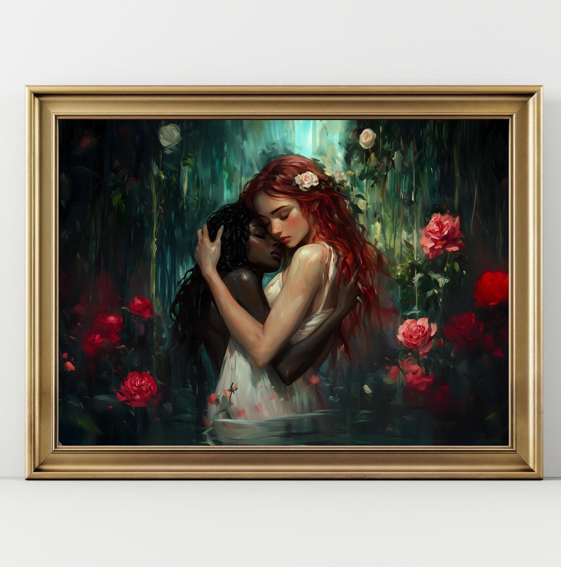 Two Women Embracing In Dark Rose Garden Tender Sapphic Love Romantic Art Poster