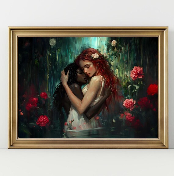Two Women Embracing In Dark Rose Garden Tender Sapphic Love Romantic Art Poster