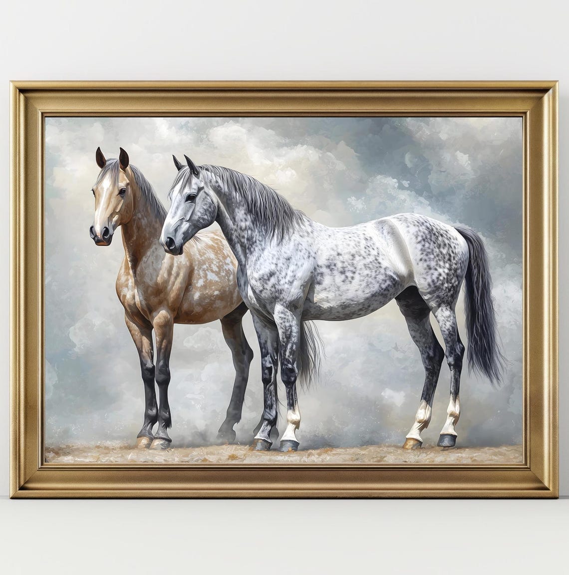 Dapple Grey And Buckskin Horse Pair Cloudy Sky Equestrian Art Print