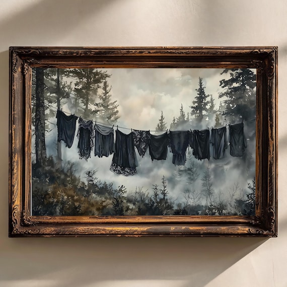 Black Dresses On Clothesline In Misty Forest Watercolor Gothic Laundry Wall Art Poster
