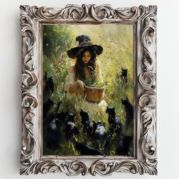 Witch Gathering Herbs In Meadow Surrounded By Black Cats Art Poster